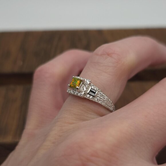Size 6.25 Sterling Silver Square Opal With Cubic Zirconia Accents Ring A1508 - Picture 4 of 9